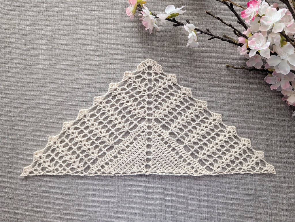 Finished solid double crochet and shell stitch triangle shawl, Digital Pattern 115.