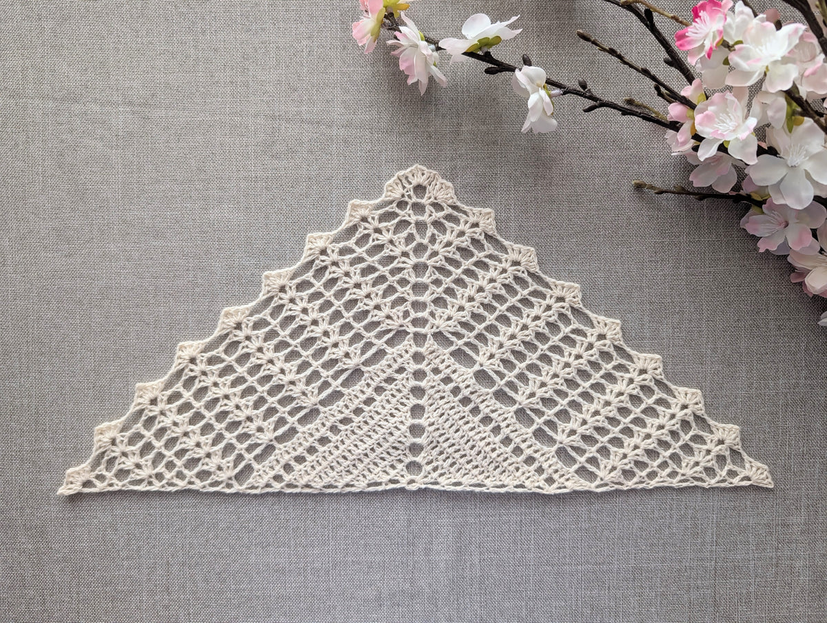 Finished solid double crochet and shell stitch triangle shawl, Digital Pattern 115.