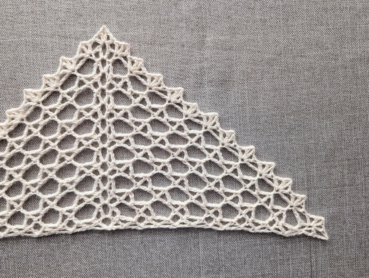 Close-up detail of the delicate scalloped shell border along the edge of the mesh crochet shawl.