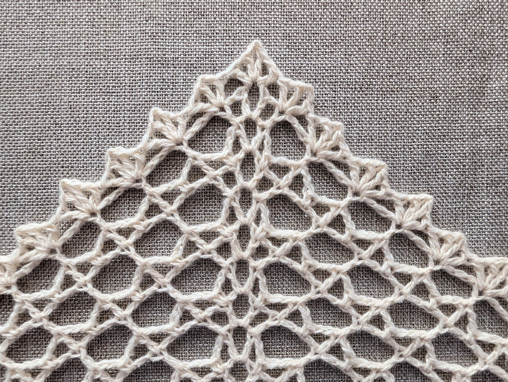 Close-up view of simple openwork lace mesh crochet stitches worked in soft yarn.