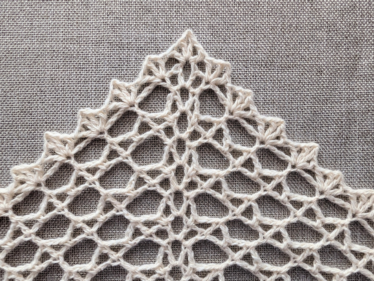 Close-up view of simple openwork lace mesh crochet stitches worked in soft yarn.