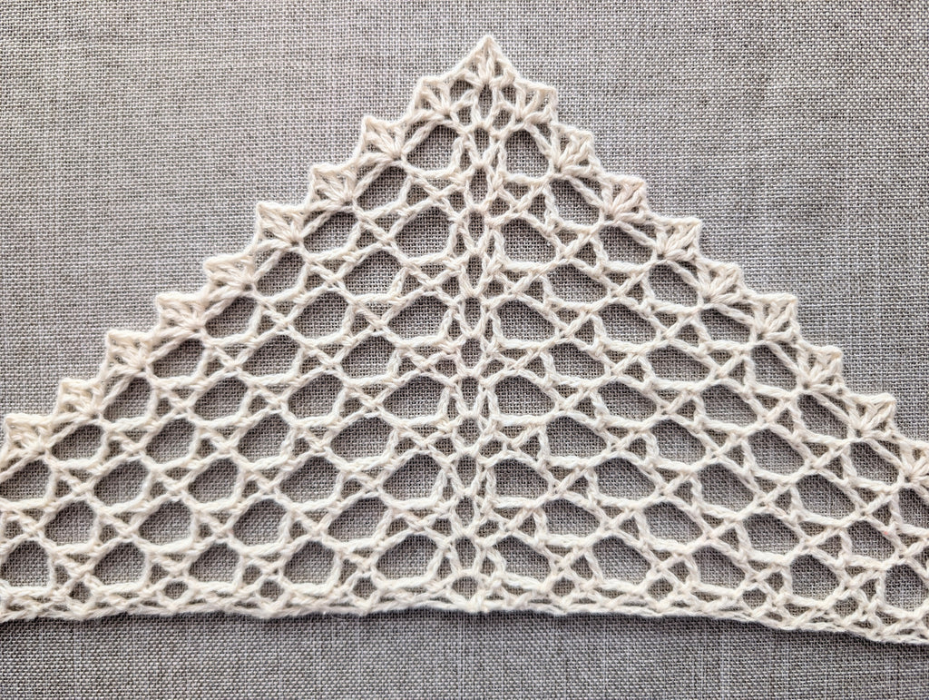 Lightweight beginner-friendly crochet lace neckscarf styled as a triangle kerchief.