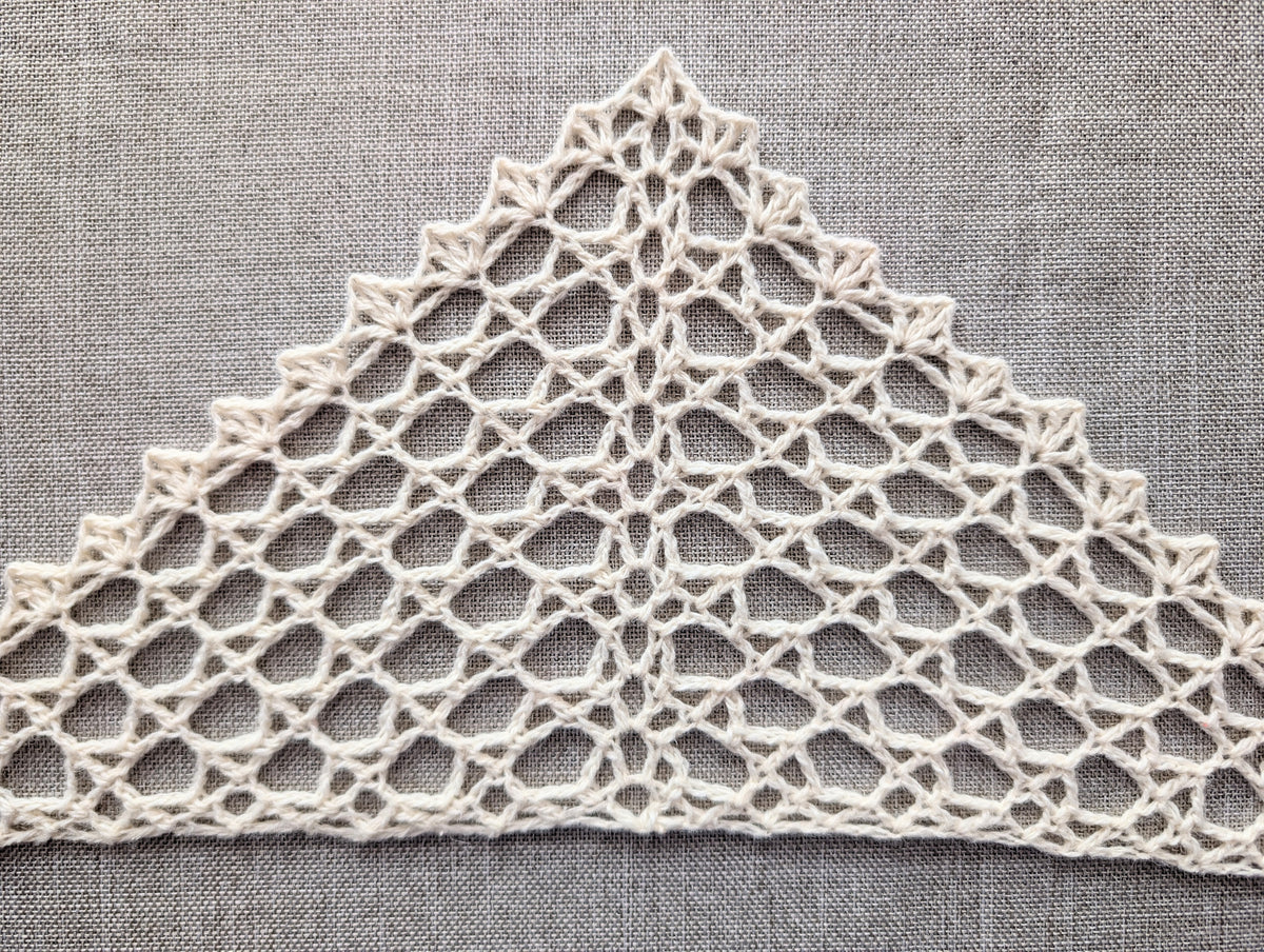 Lightweight beginner-friendly crochet lace neckscarf styled as a triangle kerchief.