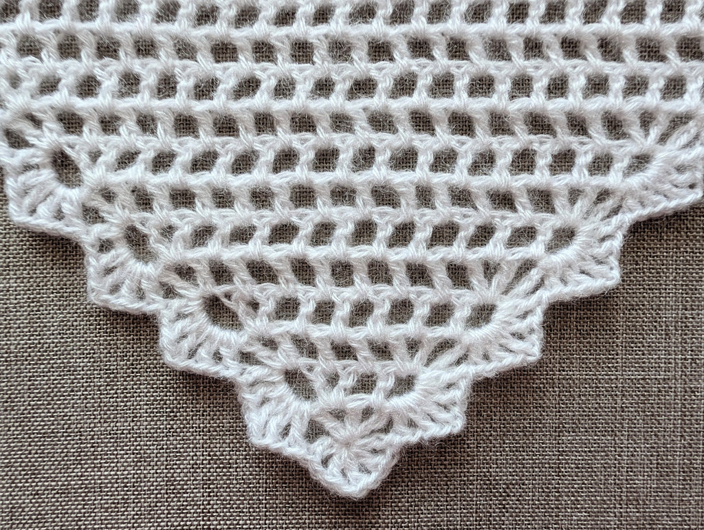 Close-up shot of intricate openwork lace stitches and delicate mesh texture on a crochet bandana shawl.