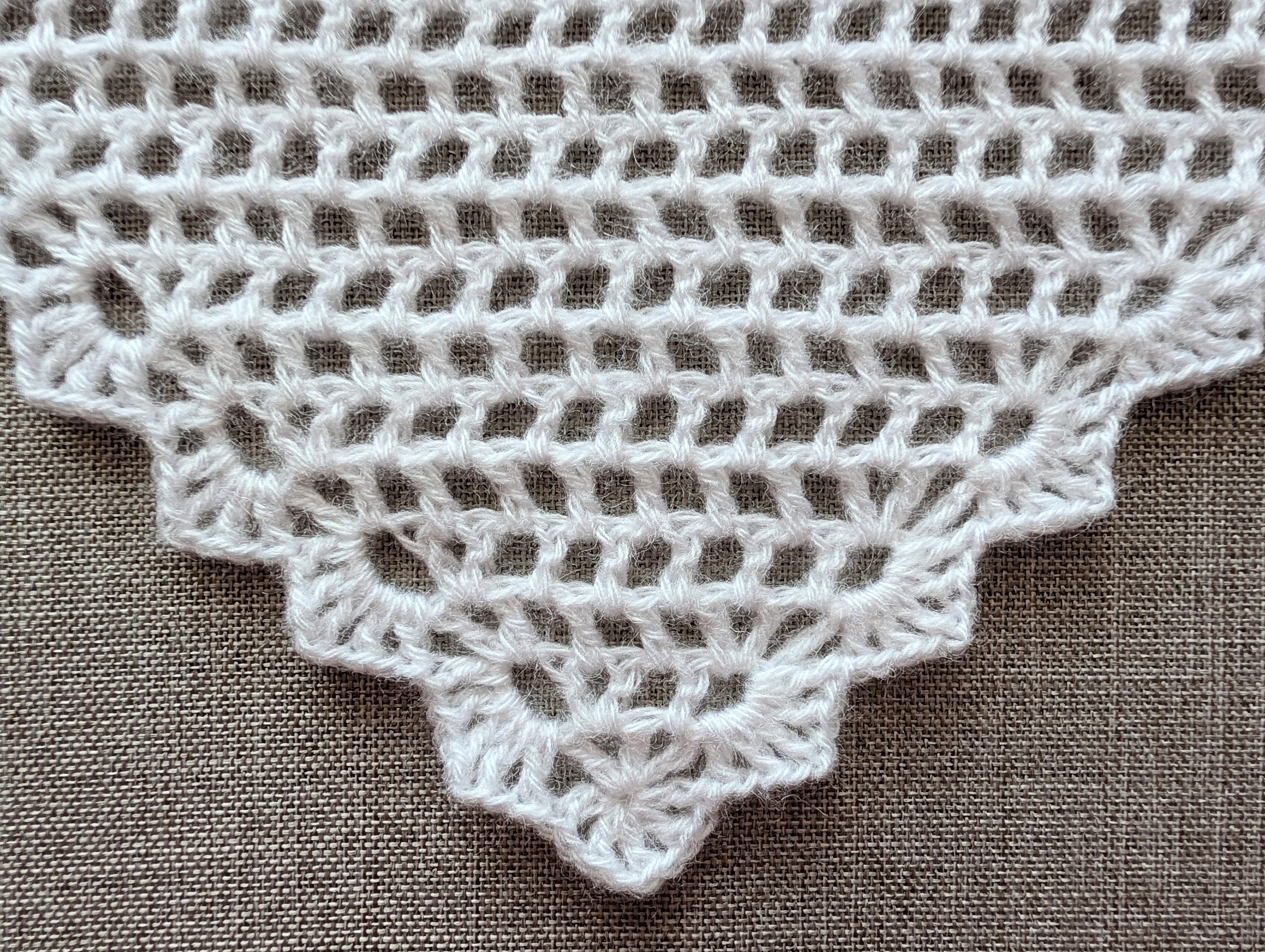 Close-up shot of intricate openwork lace stitches and delicate mesh texture on a crochet bandana shawl.
