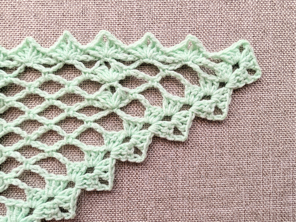 Close-up detail of the intermediate crochet pattern stitches, highlighting the textured 3-dc clusters and the defined chain-space lace texture.