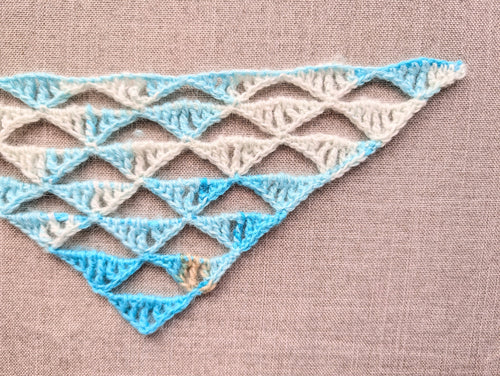 Close-up detail of the intermediate crochet stitches in Pattern 111, showing the progression from single crochet to double treble crochet creating an organic wave texture.